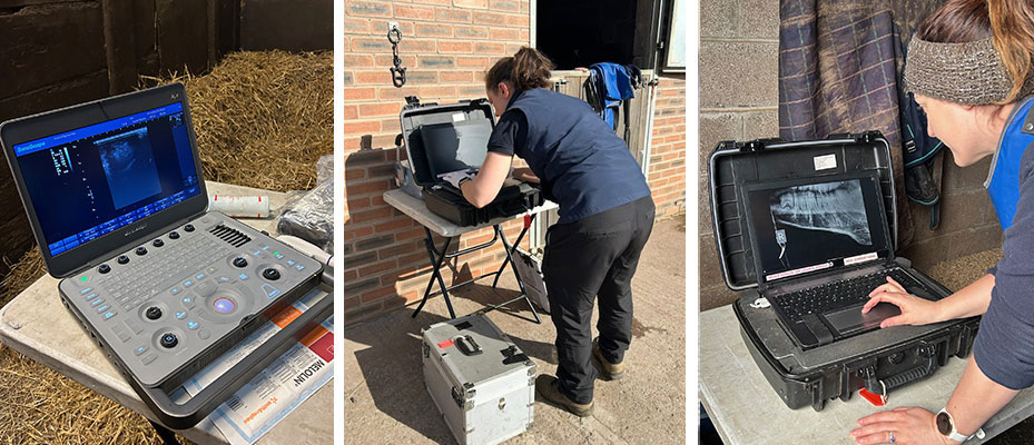 Portable ultrasound scanner | Portable x-ray machine being set up | Reviewing the images